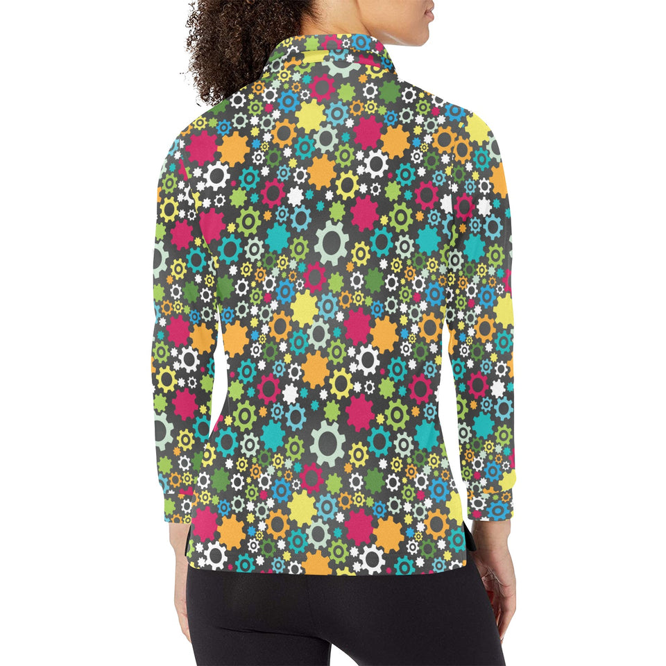 Gear Pattern Print Design 03 Women's Long Sleeve Polo Shirt