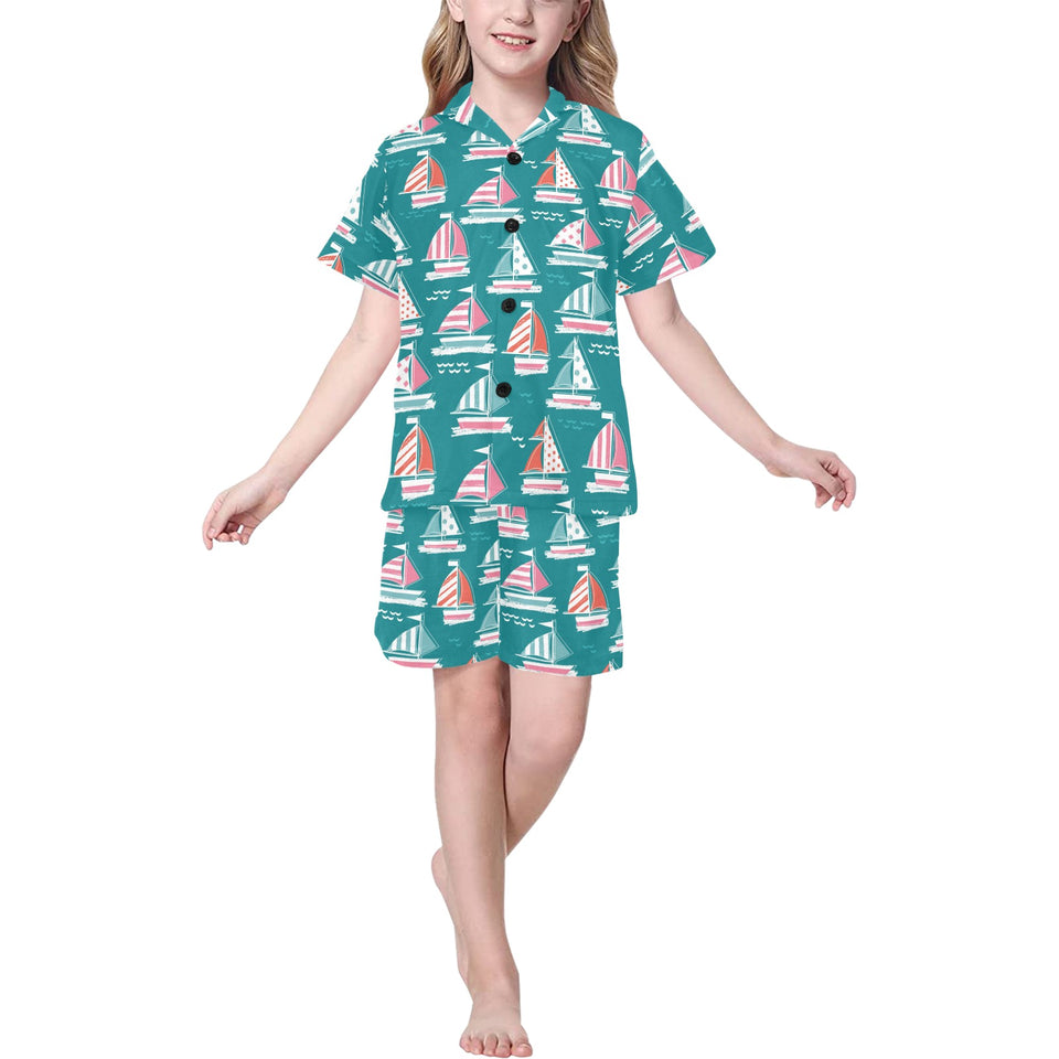 Cute sailboat pattern Kids' Boys' Girls' V-Neck Short Pajama Set