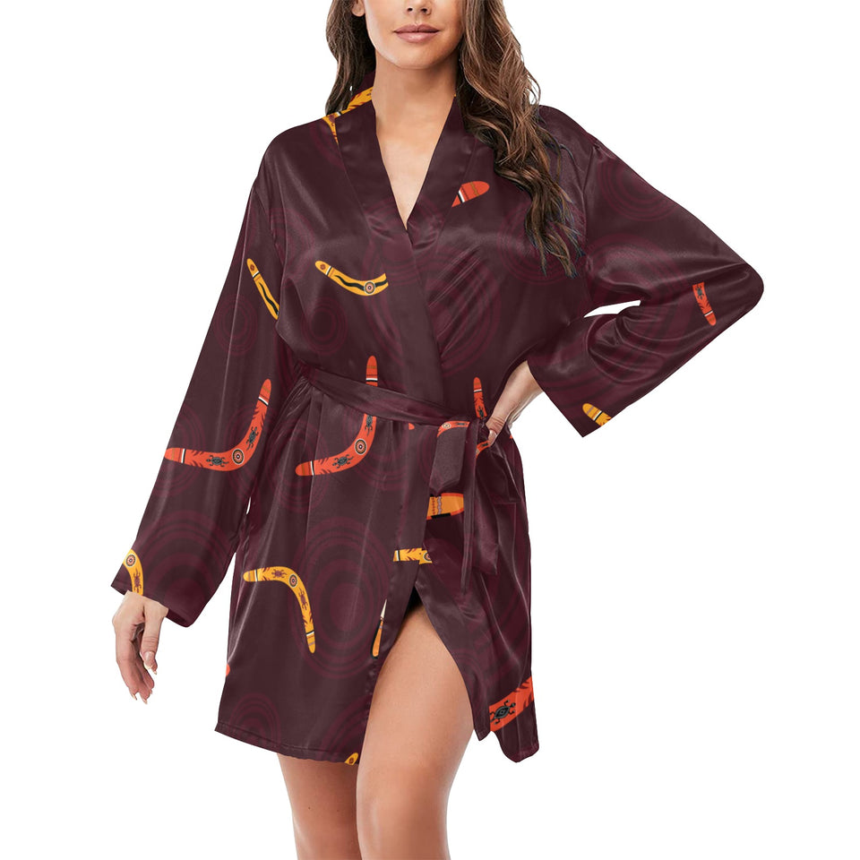 Boomerang Australian aboriginal ornament circle bl Women's Long Sleeve Belted Night Robe