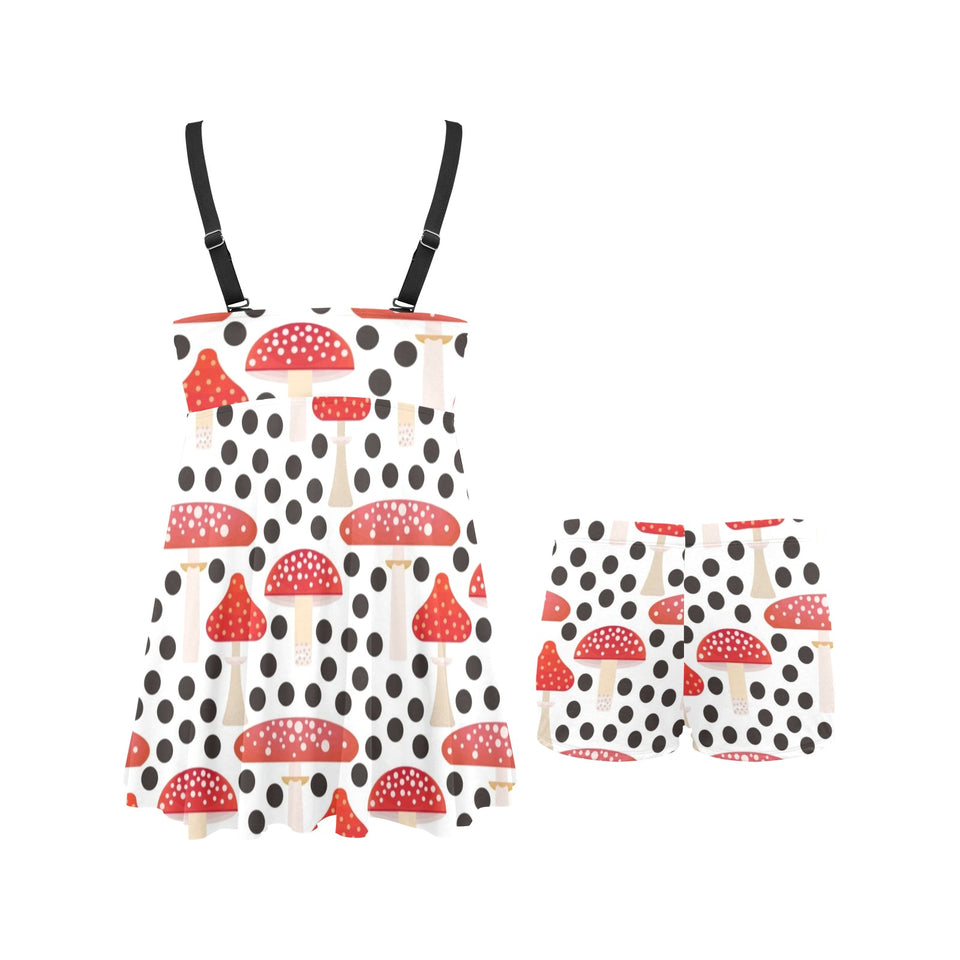 Red mushroom dot pattern Chest Sexy Pleated Two Piece Swim Dress