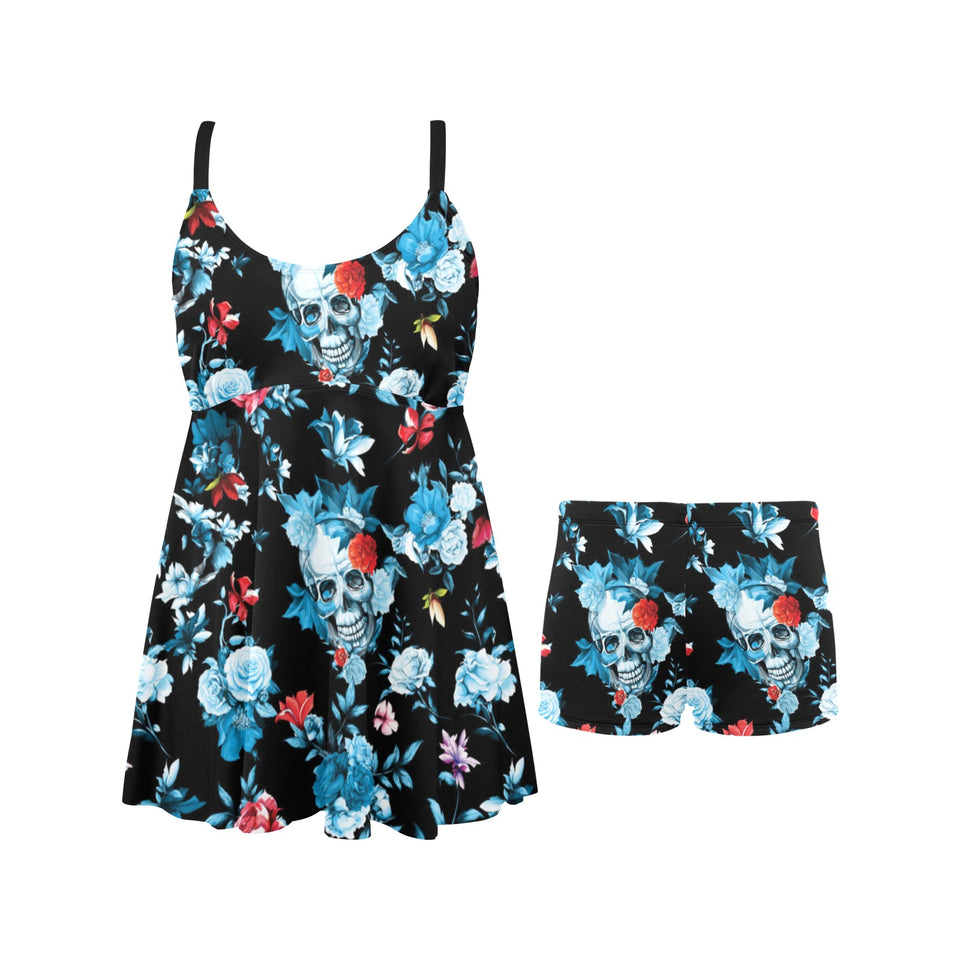 Skull flower roses leave pattern Chest Sexy Pleated Two Piece Swim Dress