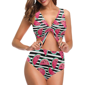 Watercolor paint textured watermelon pieces Chest Bowknot High Waisted Bikini Swimsuit