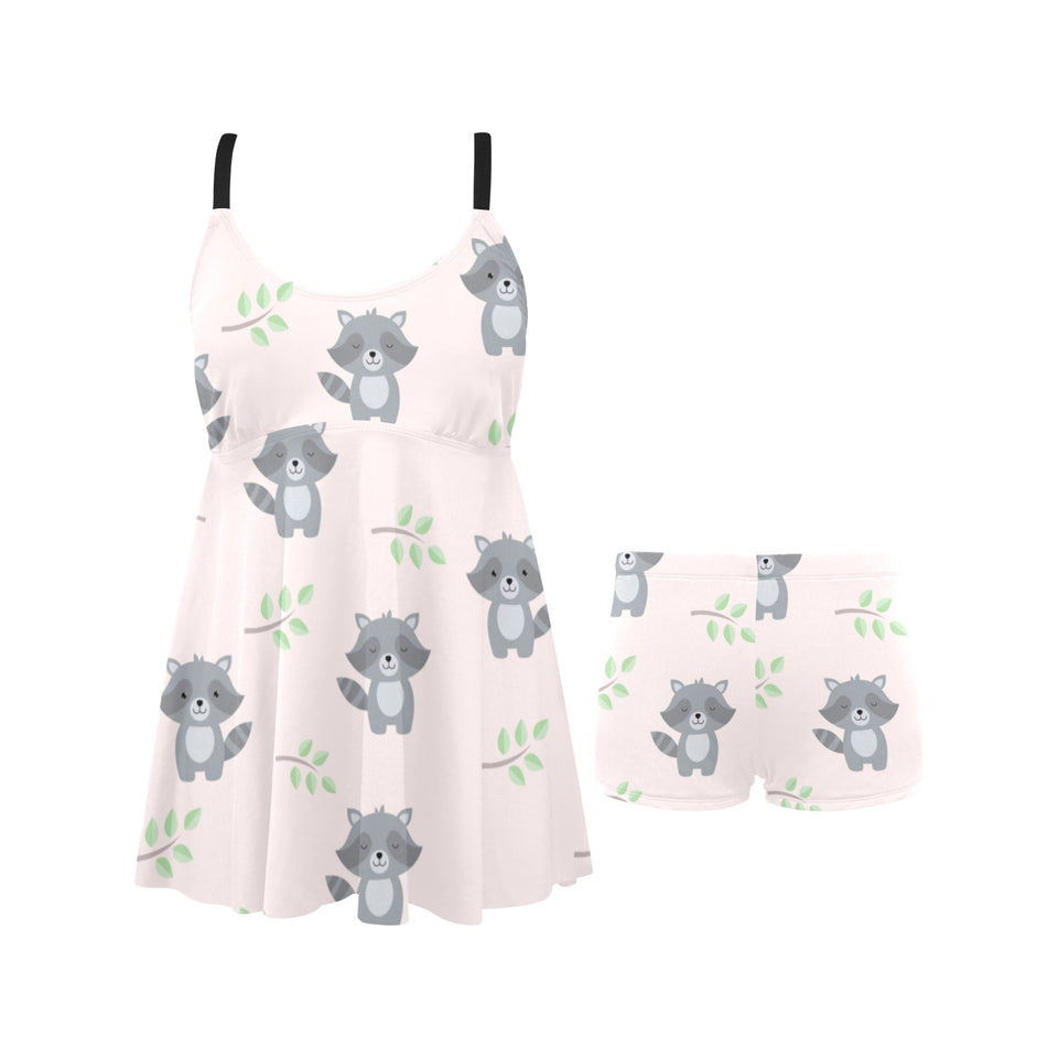 cute raccoons leaves pattern Chest Sexy Pleated Two Piece Swim Dress