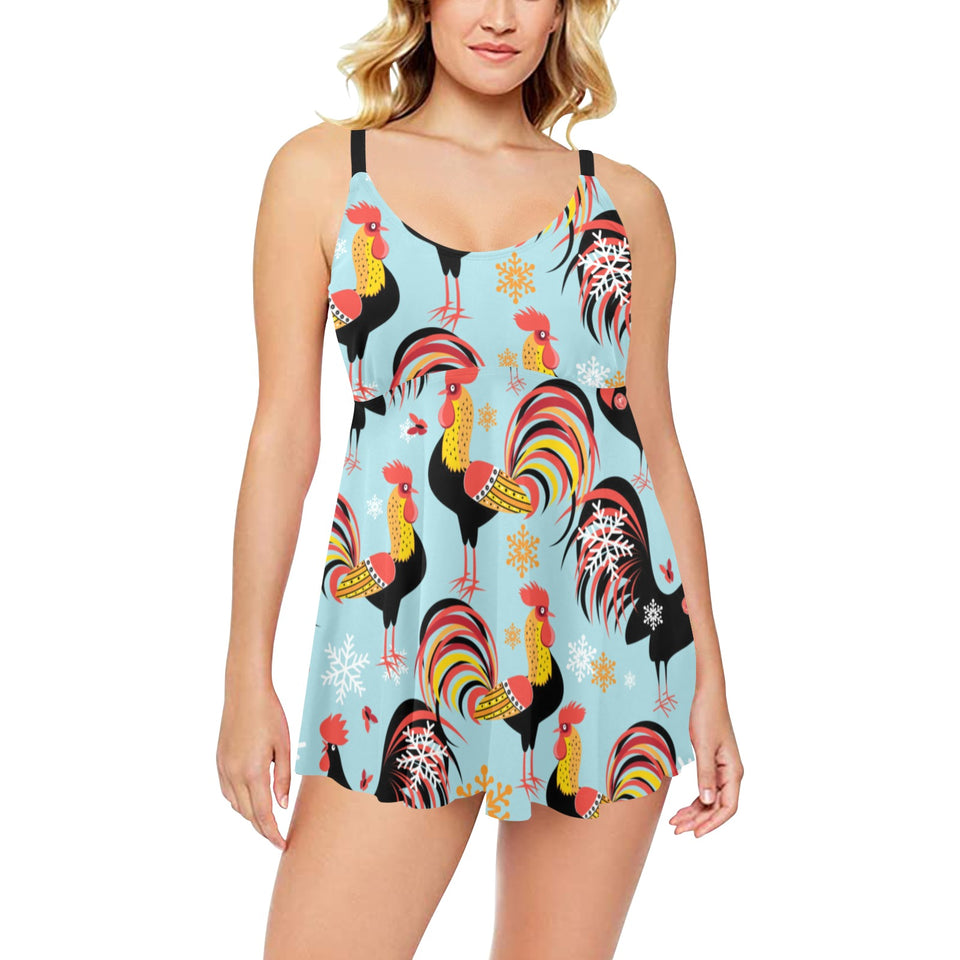 Rooster chicken cock snowfalke Chest Sexy Pleated Two Piece Swim Dress