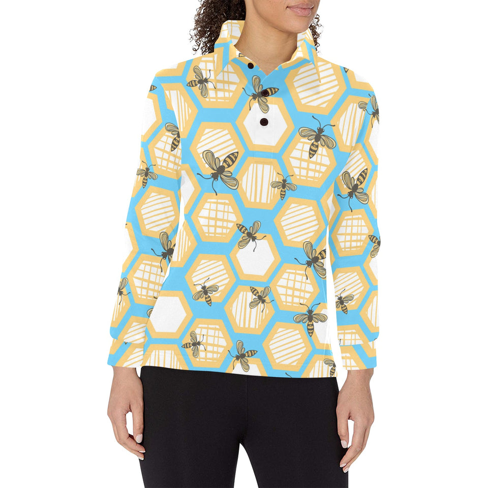 Bee honeycomb pattern Women's Long Sleeve Polo Shirt