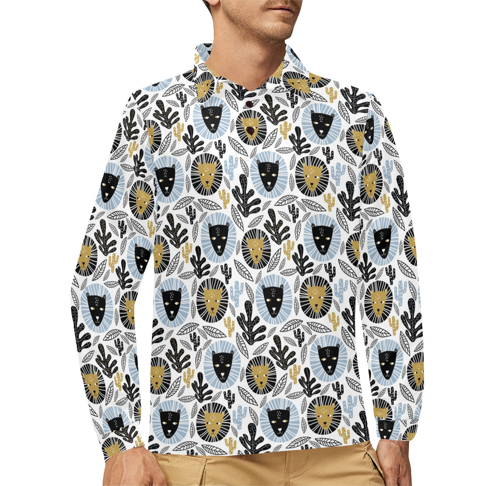 Lion Pattern Print Design 05 Men's Long Sleeve Polo Shirt