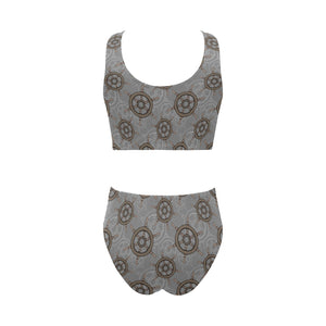 nautical wood steering wheel pattern Chest Bowknot High Waisted Bikini Swimsuit