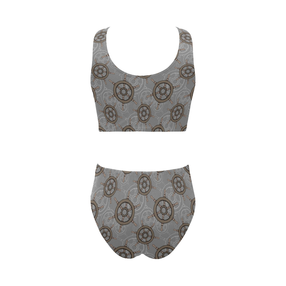nautical wood steering wheel pattern Chest Bowknot High Waisted Bikini Swimsuit