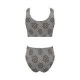 nautical wood steering wheel pattern Chest Bowknot High Waisted Bikini Swimsuit