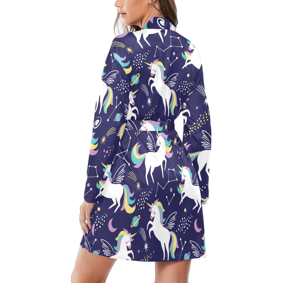 Hand drawn cute unicorn star planet Women's Long Sleeve Belted Night Robe