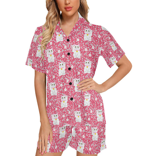 Maneki neko cat sakura pink background Women's V-Neck Short Pajama Set