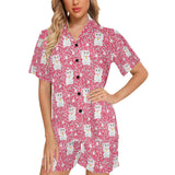 Maneki neko cat sakura pink background Women's V-Neck Short Pajama Set