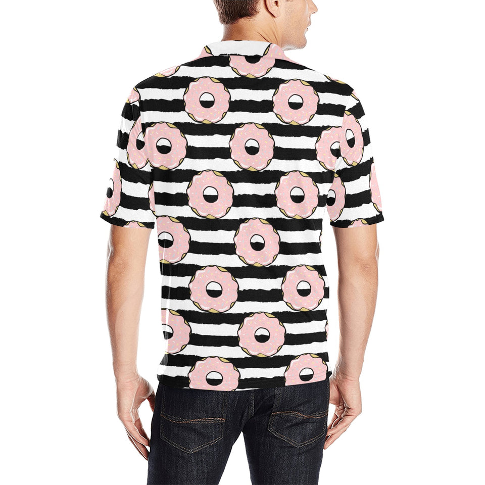 Donuts pink icing striped pattern Men's All Over Print Polo Shirt