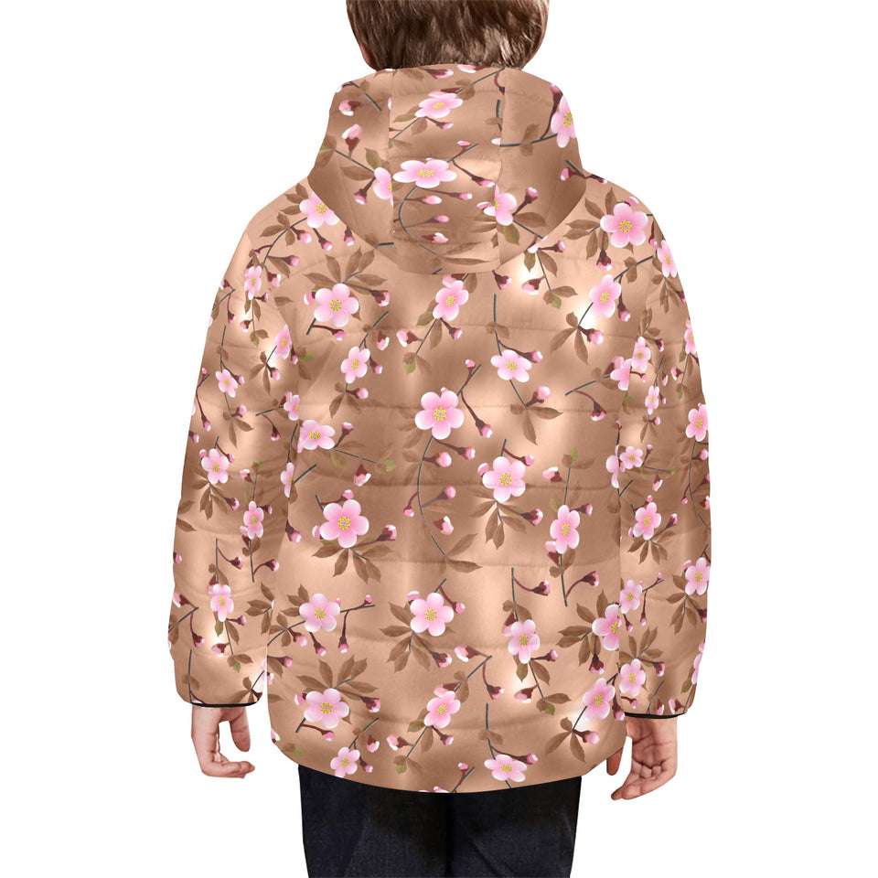 Pink sakura cherry blossom drak brown background Kids' Boys' Girls' Padded Hooded Jacket