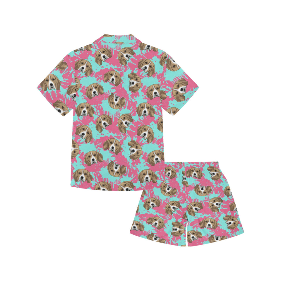 Beagle muzzles turquoise paint splashes pink patte Kids' Boys' Girls' V-Neck Short Pajama Set
