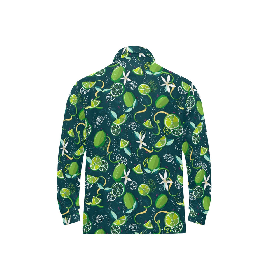 Lime ice flower pattern Men's Long Sleeve Polo Shirt