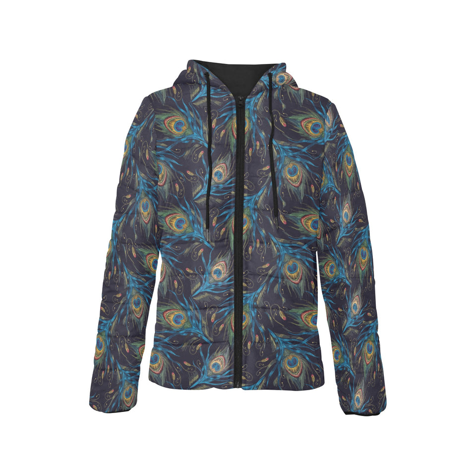 Beautiful peacock feather pattern Women's Padded Hooded Jacket