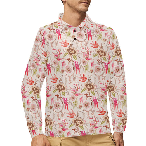 Swallow Pattern Print Design 01 Men's Long Sleeve Polo Shirt