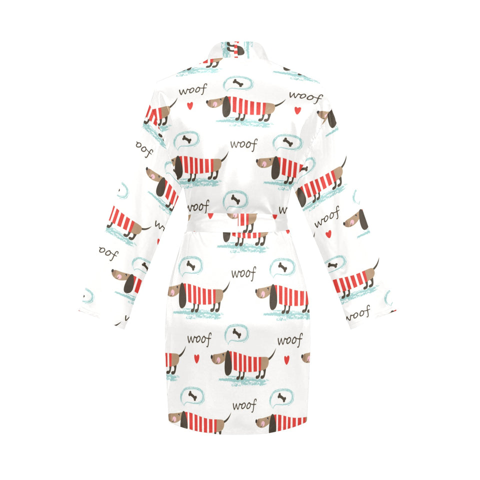 Cute dachshund bone pattern Women's Long Sleeve Belted Night Robe