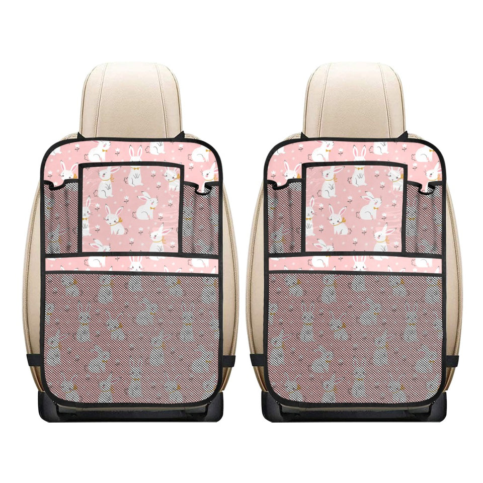 Cute white rabbit flower pink background Car Seat Back Organizer