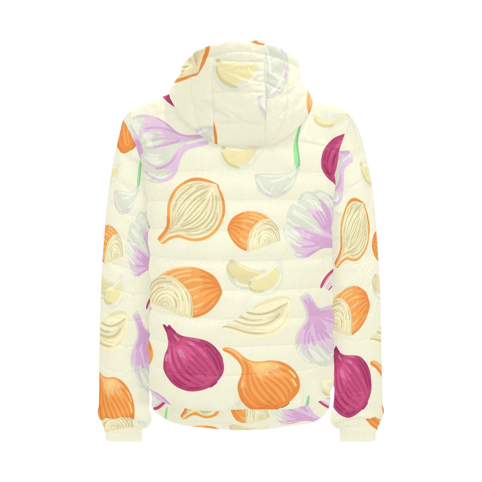 Onion garlic white red pattern Men's Padded Hooded Jacket