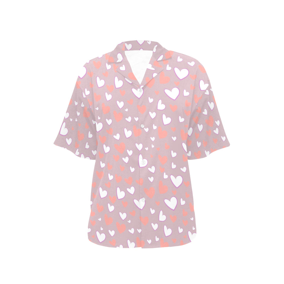 coral white heart pattern Women's All Over Print Hawaiian Shirt