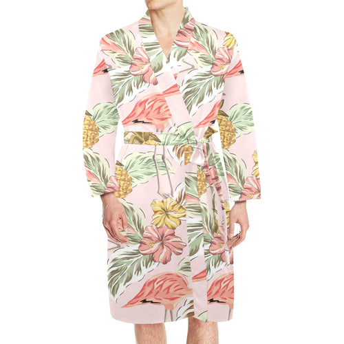 Pink flamingo birds pineapples hibiscus flower pat Men's Long Sleeve Belted Night Robe