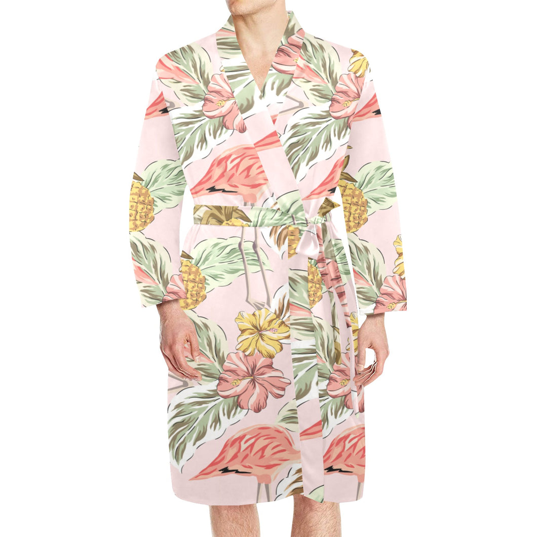 Pink flamingo birds pineapples hibiscus flower pat Men's Long Sleeve Belted Night Robe