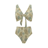 Ginkgo leaves design pattern Chest Bowknot High Waisted Bikini Swimsuit