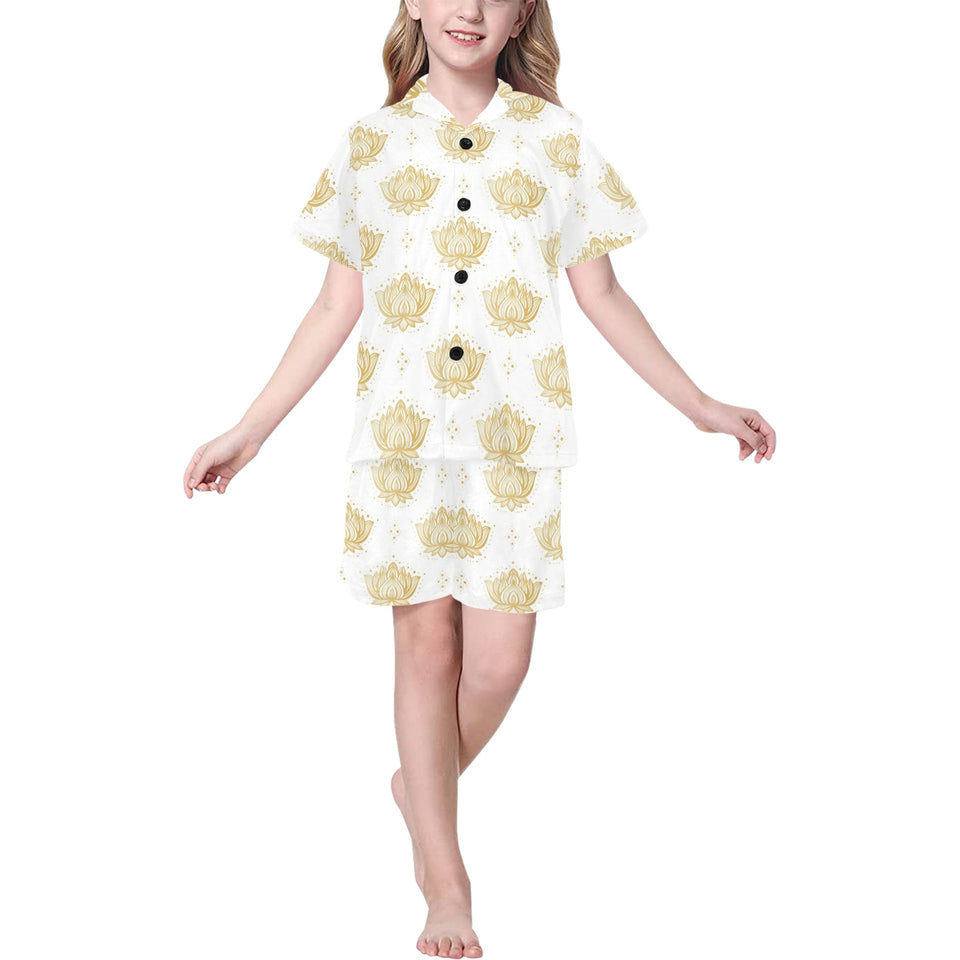 Gold Ornamental lotue waterlily symbol pattern Kids' Boys' Girls' V-Neck Short Pajama Set