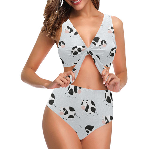 Cute cows pattern Chest Bowknot High Waisted Bikini Swimsuit
