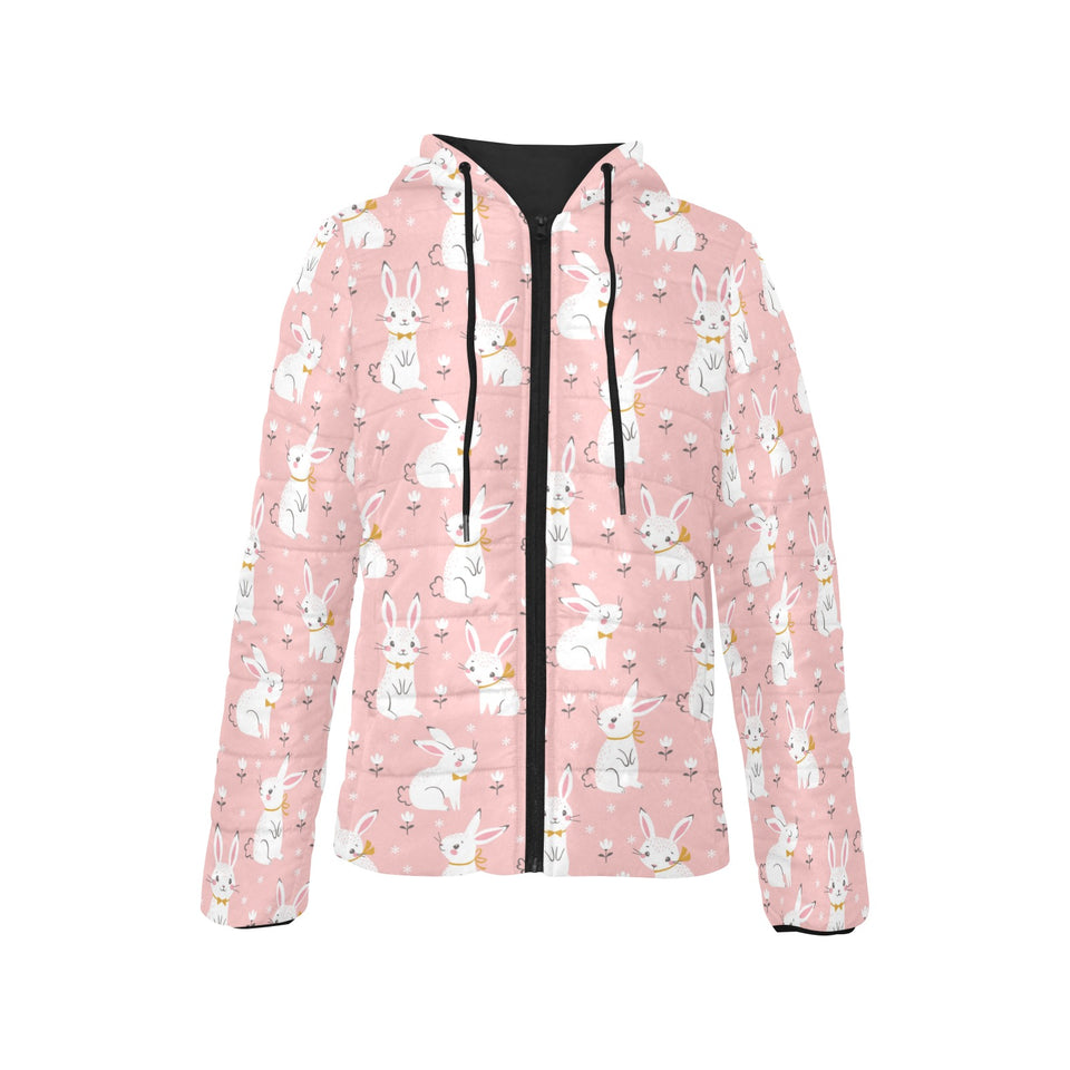 Cute white rabbit flower pink background Women's Padded Hooded Jacket