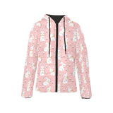 Cute white rabbit flower pink background Women's Padded Hooded Jacket