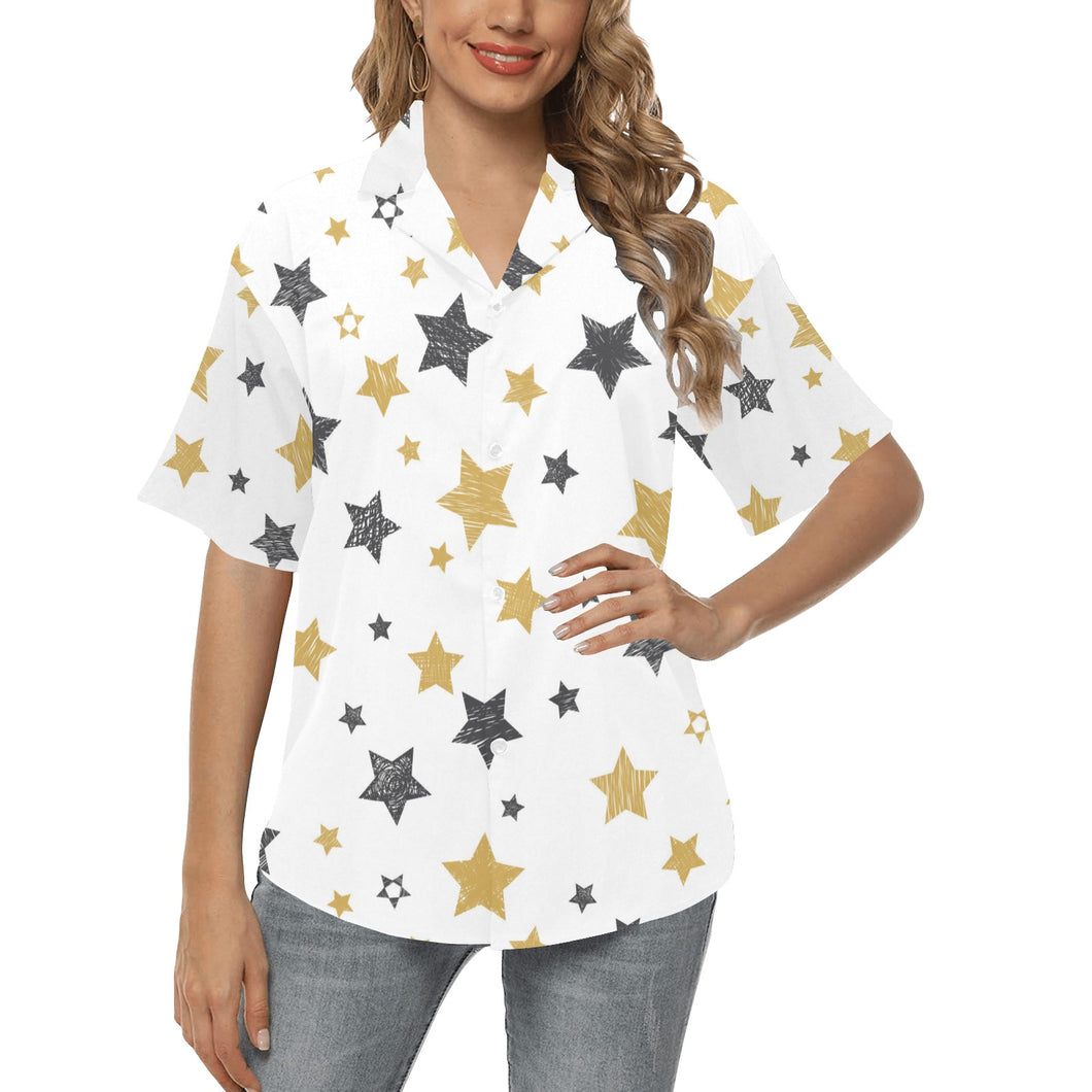 hand drawn gold black star pattern Women's All Over Print Hawaiian Shirt