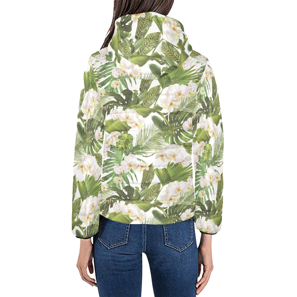 White orchid flower tropical leaves pattern Women's Padded Hooded Jacket
