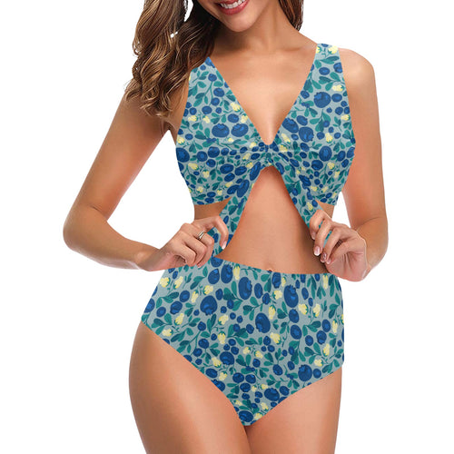 blueberry design pattern Chest Bowknot High Waisted Bikini Swimsuit