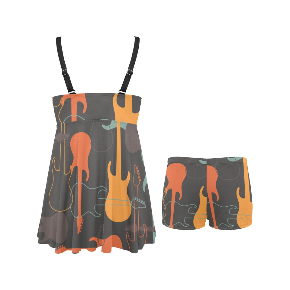 electric guitars pattern Chest Sexy Pleated Two Piece Swim Dress