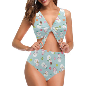 Cute snowman snowflake pattern Chest Bowknot High Waisted Bikini Swimsuit