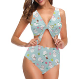 Cute snowman snowflake pattern Chest Bowknot High Waisted Bikini Swimsuit