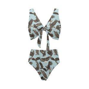 Eagle Pattern Print Design 01 Chest Bowknot High Waisted Bikini Swimsuit