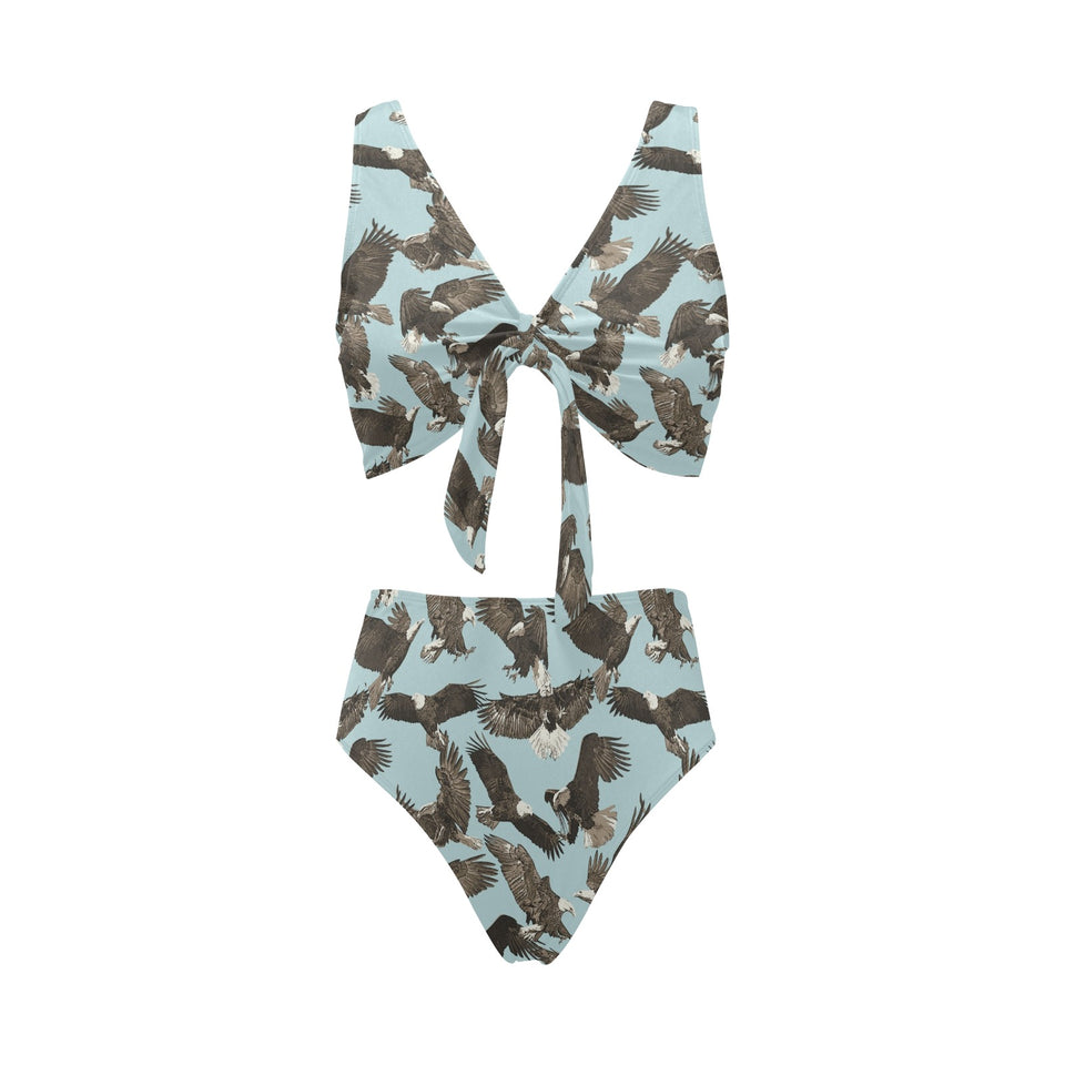 Eagle Pattern Print Design 01 Chest Bowknot High Waisted Bikini Swimsuit