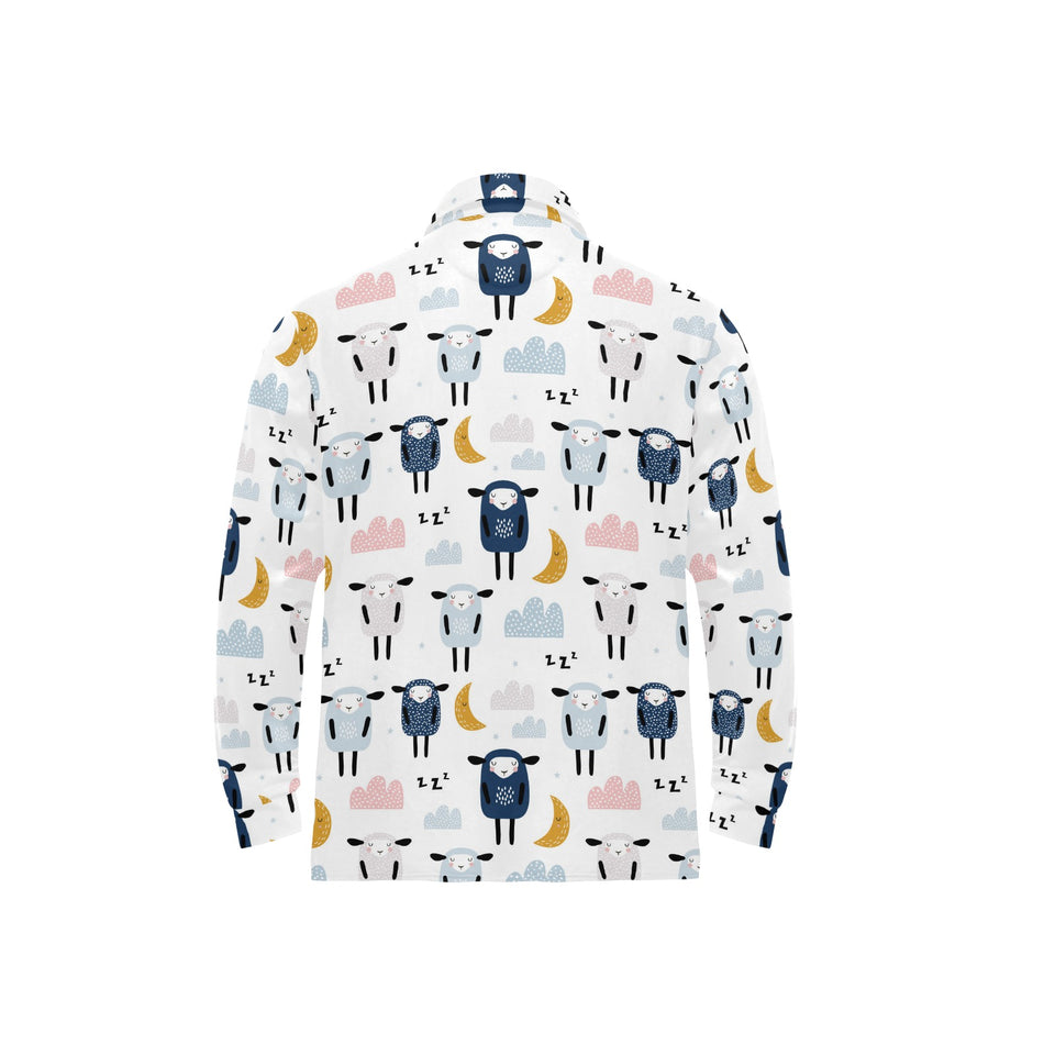Cute sleeping sheep moon cloud pattern Men's Long Sleeve Polo Shirt