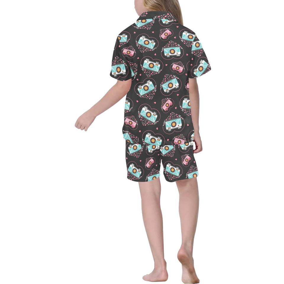 Camera Pattern Print Design 04 Kids' Boys' Girls' V-Neck Short Pajama Set