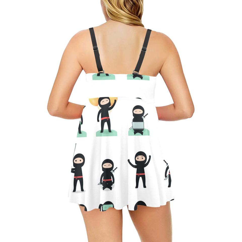 Cute ninja katana sword pattern Chest Sexy Pleated Two Piece Swim Dress