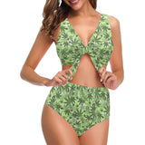 Canabis Marijuana Weed Pattern Print Design 01 Chest Bowknot High Waisted Bikini Swimsuit