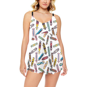 Skate Board Pattern Print Design 05 Chest Sexy Pleated Two Piece Swim Dress