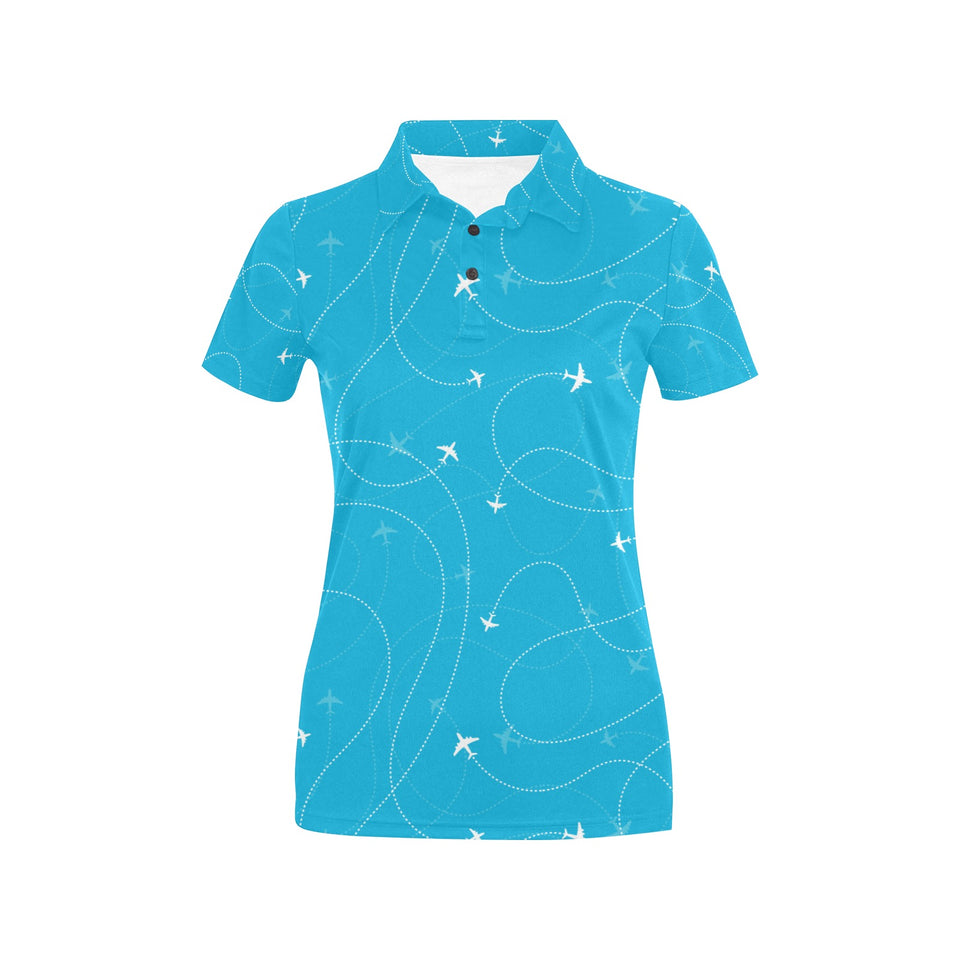 Airplane destinations blue background Women's All Over Print Polo Shirt
