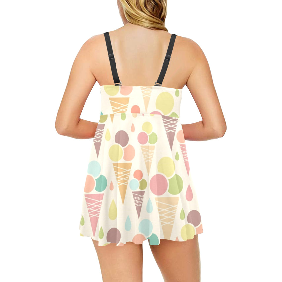 Ice cream cone pattern Chest Sexy Pleated Two Piece Swim Dress