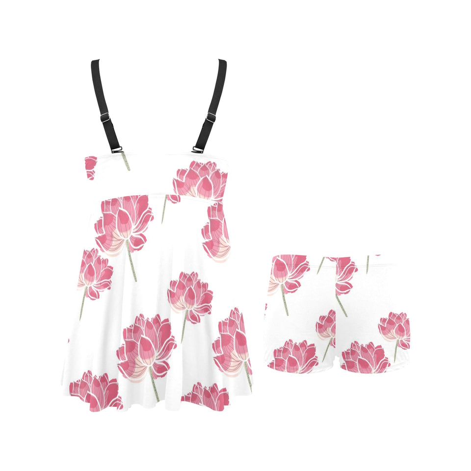 Pink lotus waterlily pattern Chest Sexy Pleated Two Piece Swim Dress