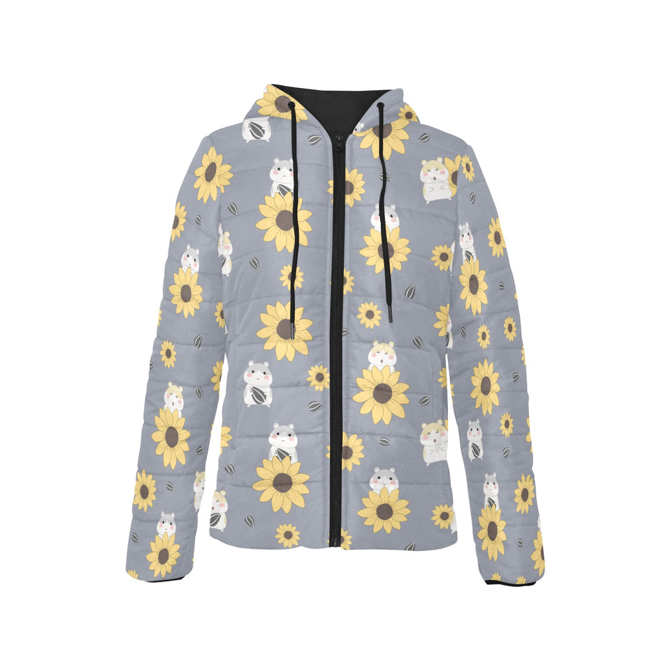Cute hamster sunflower pattern background Women's Padded Hooded Jacket
